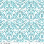 Hollywood Sparkle Medium Damask In Aqua On White