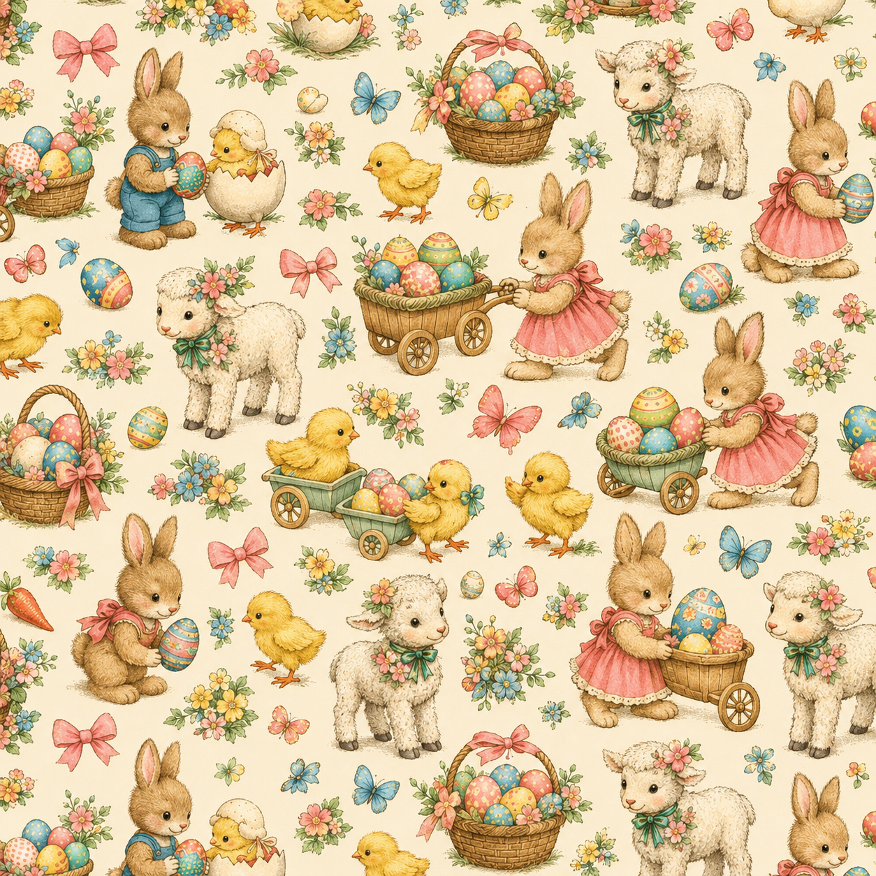 Vintage Easter pattern with bunnies and chicks Ver 2