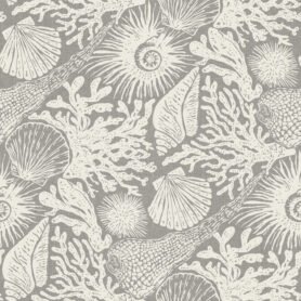 Pre-Order Boho Shells And Coral Block Print Off White On Grey Taupe