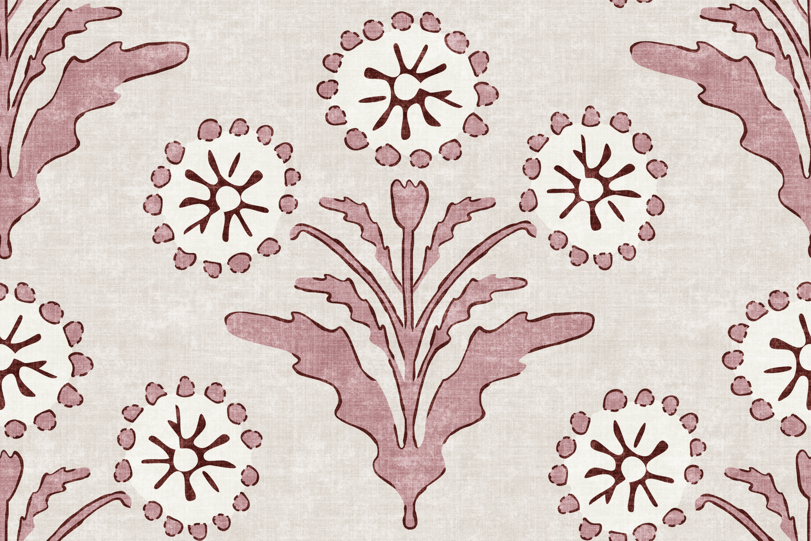 Textured-Rustic-Botanical-Dandelions-Block-Print-in-Muted-Pink-on-Beige.png