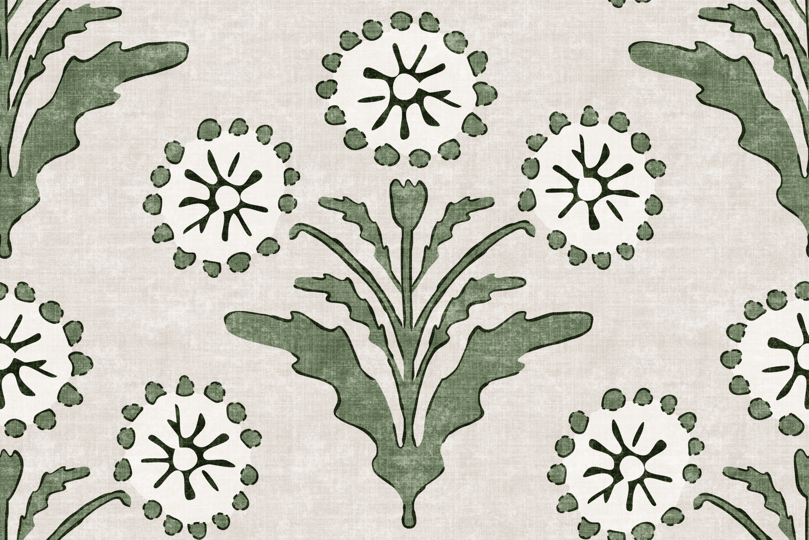 Textured-Rustic-Botanical-Dandelions-Block-Print-in-Olive-Green-on-Beige.png