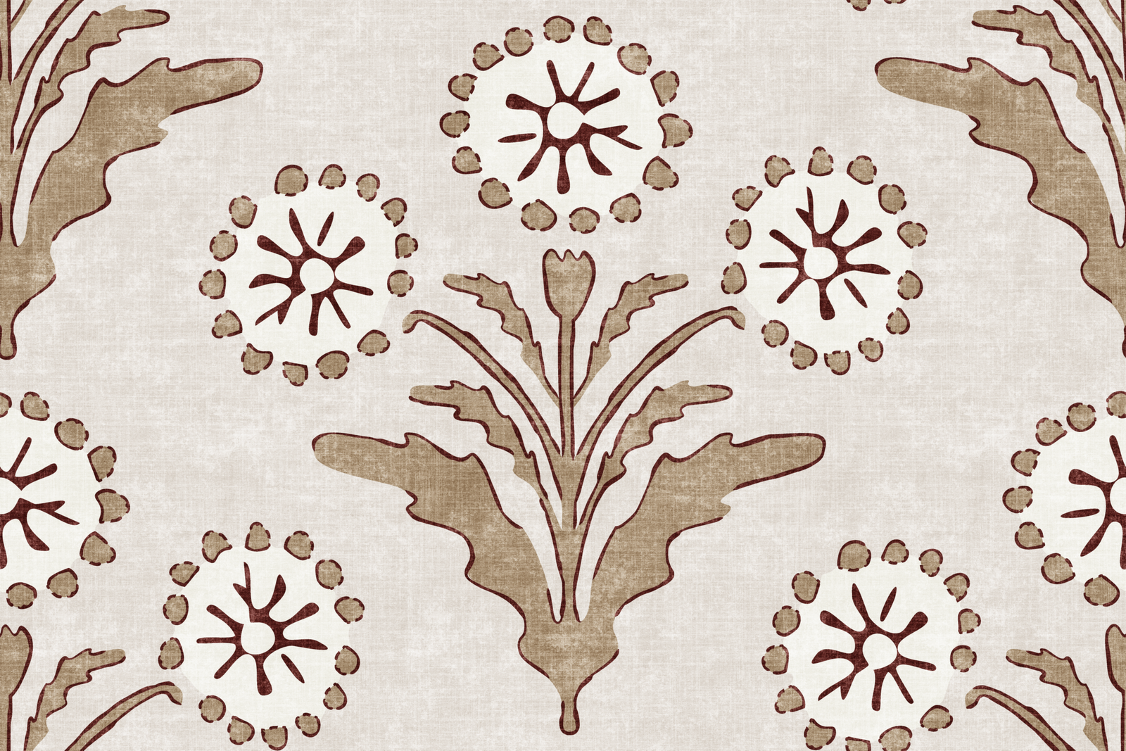 Textured-Rustic-Botanical-Dandelions-Block-Print-in-Taupe-on-Beige.png