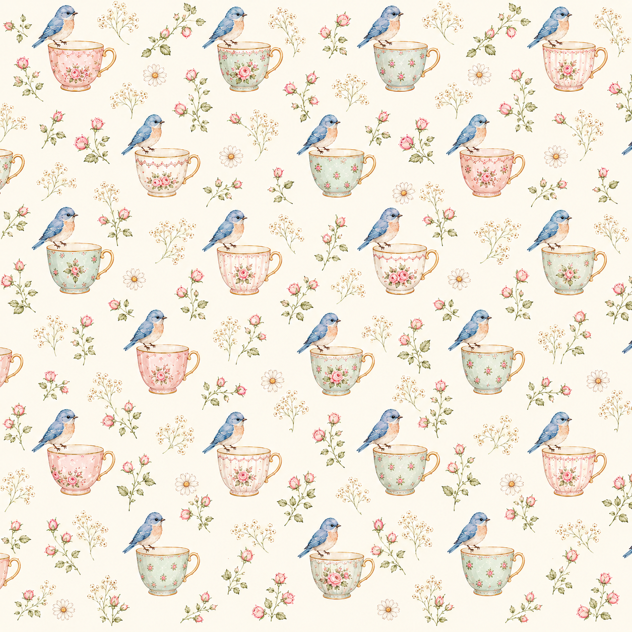 Shabby Chic Tea Cups and Blue Birds
