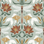 Pre-Order Art Nouveau Dragonfly Goldfish Lotus Flower Yellow and Green