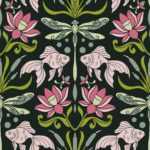 Pre-Order Art Nouveau Dragonfly Goldfish Lotus Flower black and pink