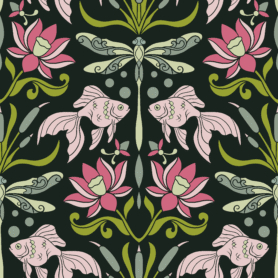 Pre-Order Art Nouveau Dragonfly Goldfish Lotus Flower black and pink