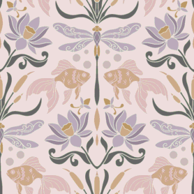 Pre-Order Art Nouveau Dragonfly Goldfish Lotus Flower Pink and Blue