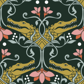 Pre-Order Art Nouveau Crocodile Floral Dark Green Pink Maximalist Ornate