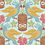 Pre-Order Retro Tiki Mask and Pink Hibiscus Tropical Damask Floral