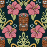Pre-Order Retro Tiki Mask and Pink Hibiscus Tropical Damask Floral