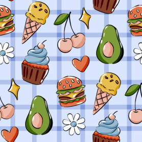 Pre-Order Hand Drawn Food Picnic Blue Gingham Burger Ice Cream Cherry