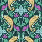 Pre-Order Art Nouveau Yellow Chameleons Minty Leaves and Purple Flowers