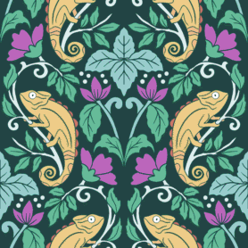 Pre-Order Art Nouveau Yellow Chameleons Minty Leaves and Purple Flowers