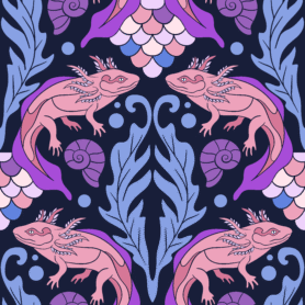 Pre-Order Art Nouveau Axolotl Damask Shells Pink and Navy Blue