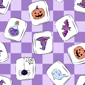 Pre-Order Halloween Mahjong Tiles Purple Checkered Witchy Ghost Pumpkin