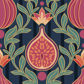 Pre-Order Art Nouveau Fig Botanical Dark Navy Blue Damask Ornate Fruit