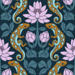 Pre-Order Art Nouveau Salamander Pink Lotus Vintage Botanical Wallpaper