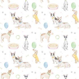 Pre-Order Puppy Party Watercolor Pattern With Playful Dogs Balloons Pet Bowls Bones Paw Prints And Party Details